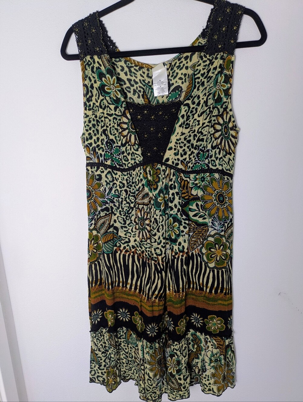 Forbidden Womens Dress Sz M Floral Animal Beaded Sleeveless 100% Rayon Boho New
